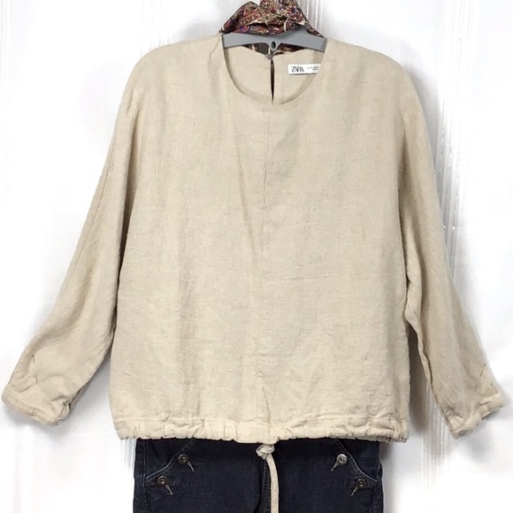 Zara Tops - 🌾 ZARA Natural Soft Linen Blend Seamless Dolmen Sleeve Drawstring Drop Waist